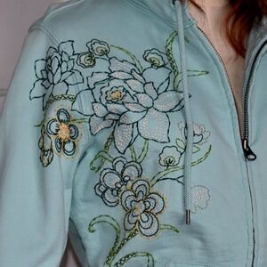 Rare Vintage Y2K Lucky Brand Seafoam Green Floral Embroidered Boho Zip Hoodie S